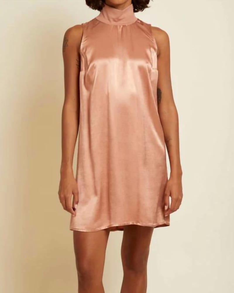 Front of a model wearing a size Large Jett Mock Neck Dress in Bisou in Bisou by Nation LTD. | dia_product_style_image_id:338232
